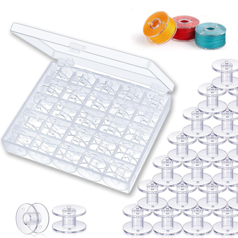 Bobbin Organizer Box - 25個入り 家庭用ミシン用ボトムスレッドボビンセット 裁縫アクセサリー 透明プラスチックスプール 収納ボックス付き ブラザー・ジャノメ用