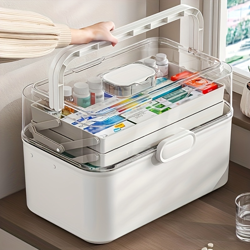 Bobbin Organizer Box - 大容量透明蓋付き薬収納ボックス/ディスペンサーボックス - プラスチック製薬品収納キャビネット、家庭、オフィス、キッチン、バスルーム、寝室用多目的オーガナイザーボックス - 薬や事務用品用の省スペースカウンタートップオーガナイザー -